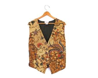 Gilet vintage con perline e stampa a foglie e uccelli, taglia media da donna.