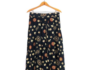 90s Fleur De Lis Skirt | Navy Blue Preppy Pattern Skirt | Vintage High Waist Midi Skirt / 30 Waist