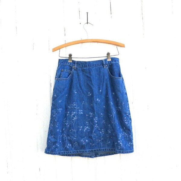 Vintage Floral Jean Skirt 00s Mini Jean Skirt Y2K Denim Skirt Vintage 1990s Skirt Women's size 10