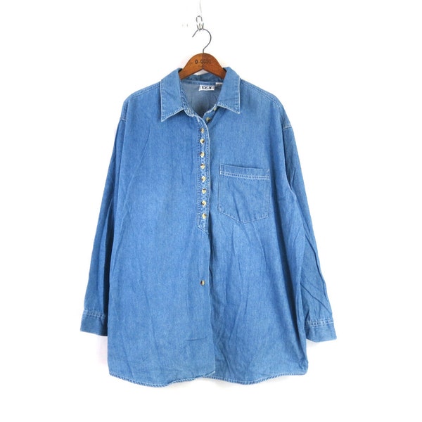 90s Blue Jean Shirt Vintage Denim Shirt Plain Button Up Shirt Women's Plus Size 22 W