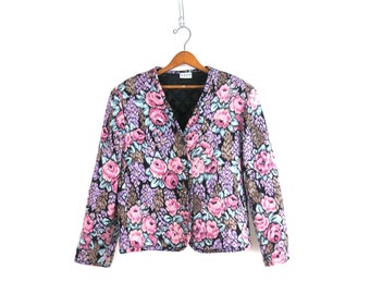 Vintage Quilted Jacket Purple & Pink Floral Print Cropped Blazer Button Down Flower Pattern Coat Women's Size 14