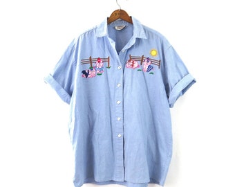 Bauern Schweine Applikation Shirt | Übergroßes Button Up Shirt | Vintage Crafty Cottagecore Hemd | Damen Plus Größe