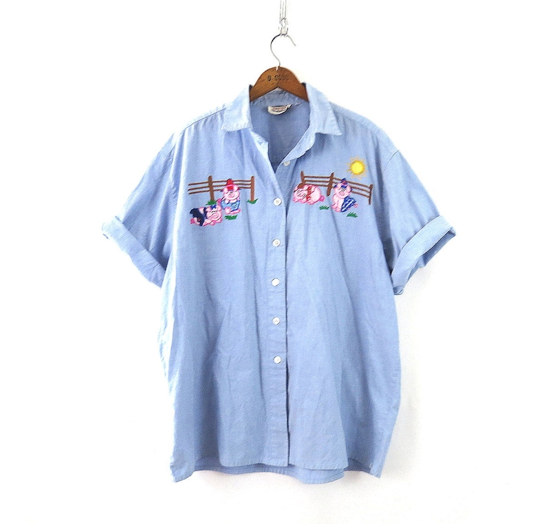 avec appliqués Farmer Pigs Chemise boutonnée surdimensionnée chemise vintage Crafty Cottagecore Taille Plus pour femmes 2X image 1