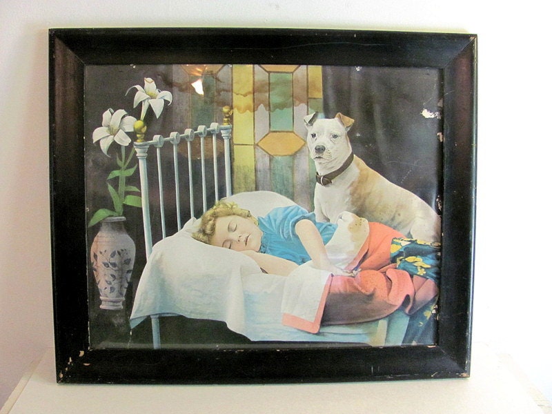 Vintage on Guard 27 Dog With Sleeping Child Framed Picture