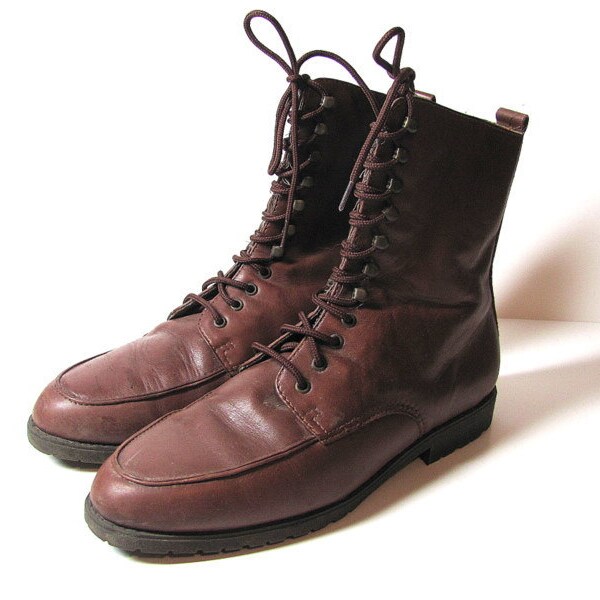 Vintage tall brown leather lace up granny ankle boots 9 / 9.5