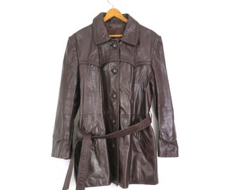 Gabardina vintage de cuero marrón oscuro con cinturón, talla mediana grande para mujer, años 70.