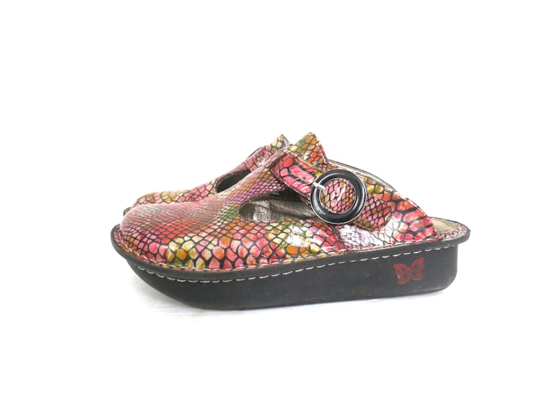 May include: A pair of colorful clogs with a snakeskin pattern in shades of pink, orange, and yellow. The clogs have a black sole with a butterfly emblem and a buckle closure.