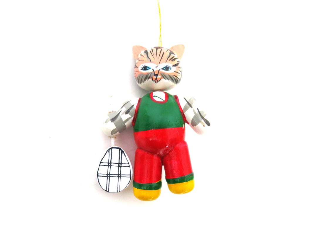 Vintage Painted Wood Cat With Racket Christmas Ornament - Etsy