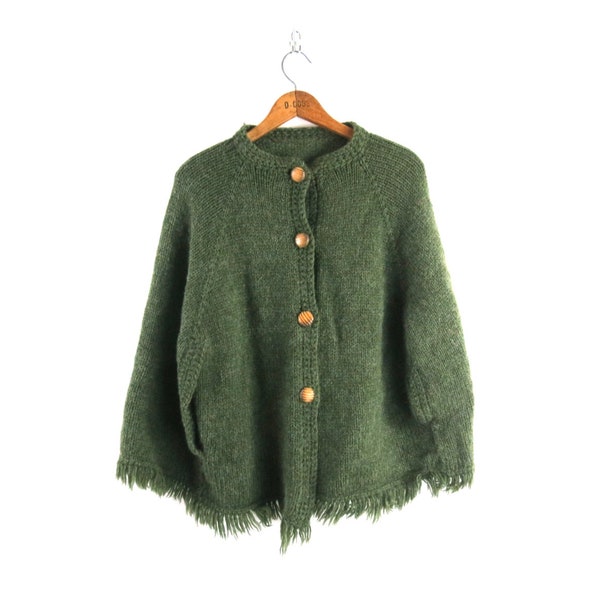 Boho Poncho Green Woven Wool Shawl Button Down Sweater Handmade Granny Sweater OSFM