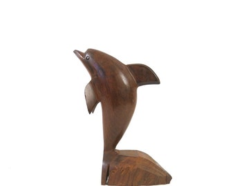 Vintage Hardwood Dolphin Statue Wood Carving, Rustic Nautical Beach Home Decor Cabin