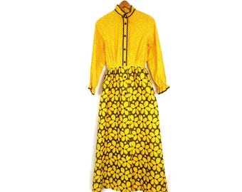 Vintage 60s Yellow Floral Maxi Dress, Quilted Skirt, Small