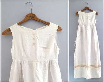 Vintage Crocheted Maxi Dress Long White Cotton Boho Hippie Dress Sleeveless High Waist Summer Dress XXS XS