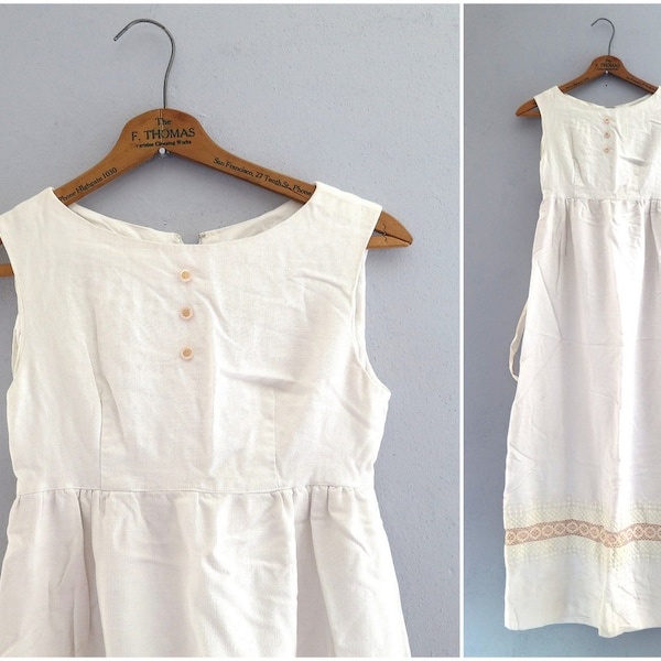 Vintage Crocheted Maxi Dress Long White Cotton Boho Hippie Dress Sleeveless High Waist Summer Dress XXS XS