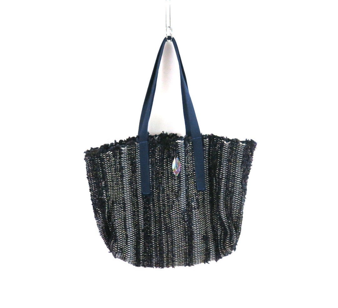 Vintage Handmade Rag Rug Market Bag Blue Black Braided Rug Beach Tote ...