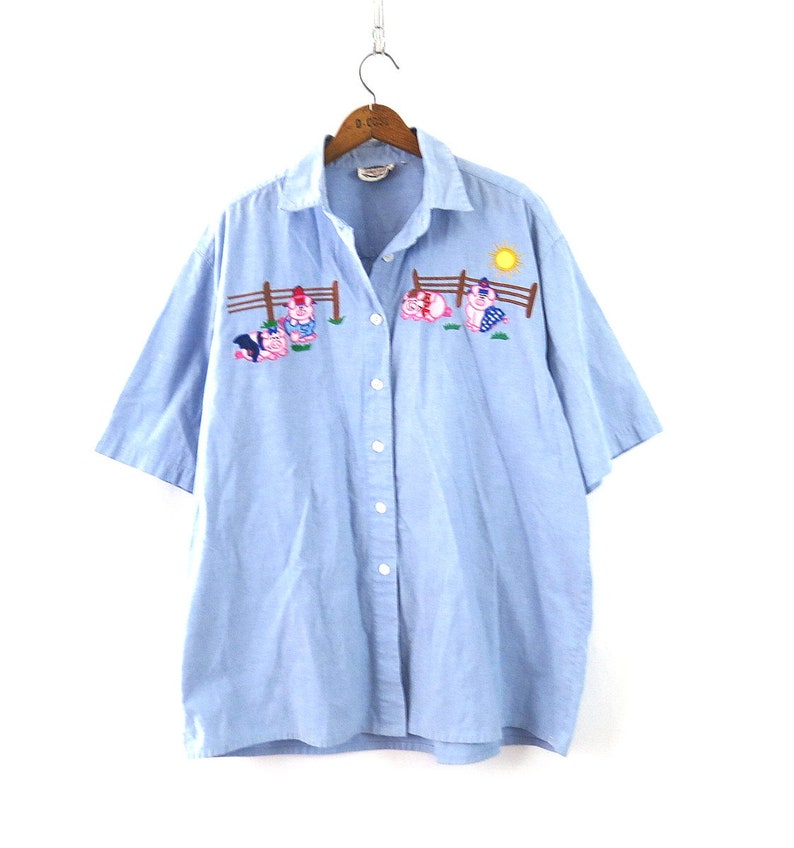 avec appliqués Farmer Pigs Chemise boutonnée surdimensionnée chemise vintage Crafty Cottagecore Taille Plus pour femmes 2X image 4