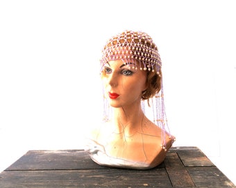 Purple Beaded Skull Cap Vintage 1960s Bead Hat / Mid Century Flapper Hat 60s AS IS