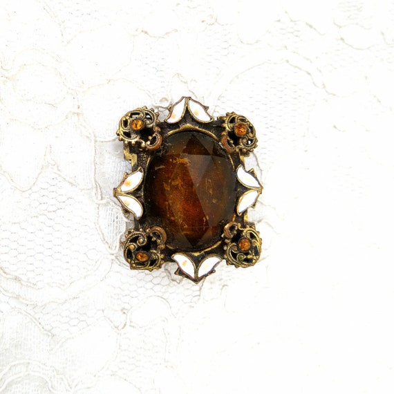 vintage AMBER GLASS brass filigree Brooch antique… - image 5