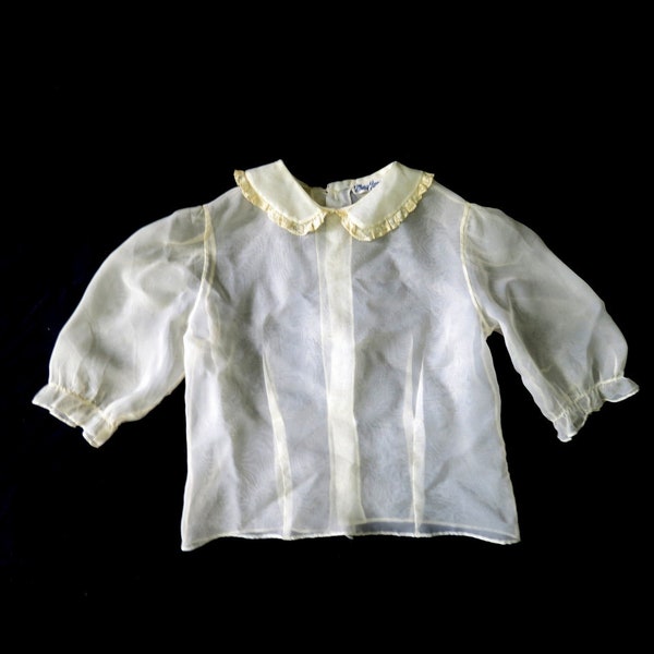 Vintage 1950s Kid's Sheer White Blouse Mid Century Sheer Shirt Girl's Mary Jane Lace Collar Shirt AS IS