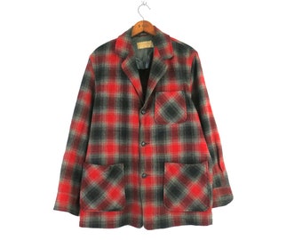 Vintage Red Plaid Western Star Wool Blazer Suit Coat Jacket Rockabilly Medium