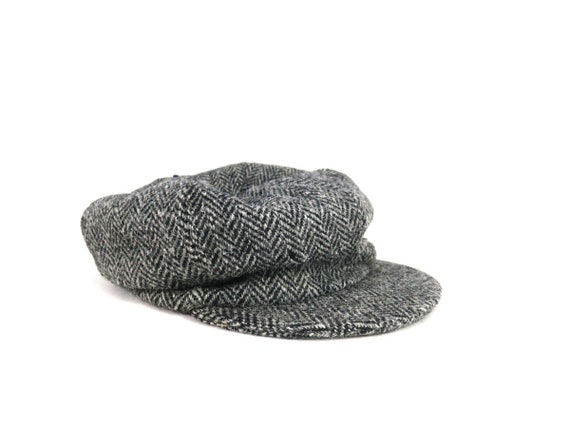 Herringbone Wool Cabbie Cap Gray Newsboy Hat Vint… - image 1