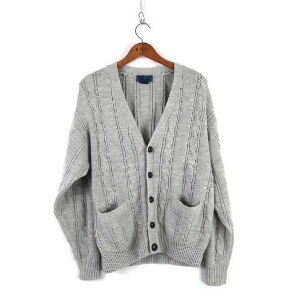 Gray Cable Knit Cardigan Sweater | Vintage Boyfriend Sweater Cardigan with Pockets | Size Medium