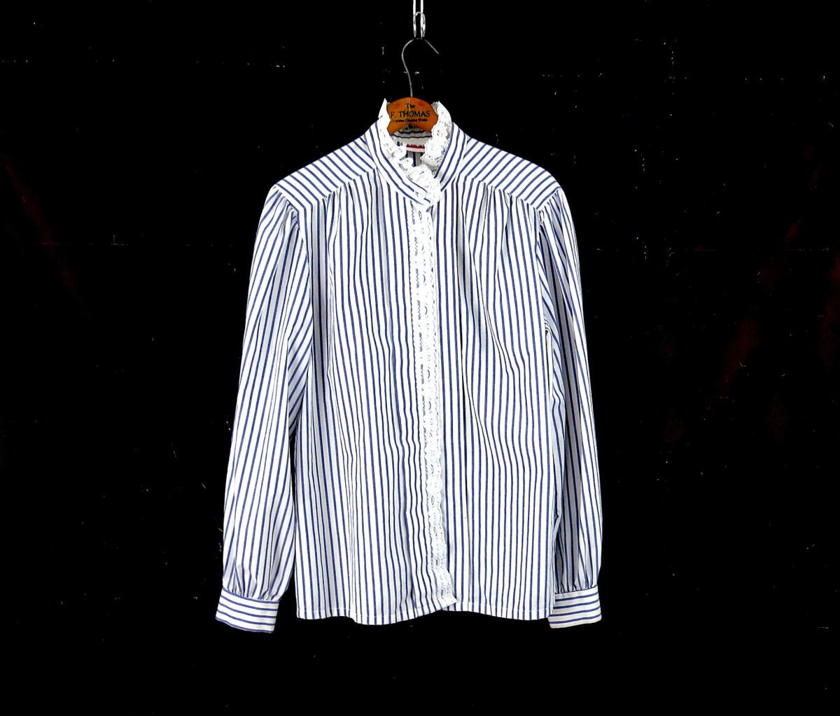 Buy Vintage Striped Shirt Blue & White Blouse Long Sleeve 80s