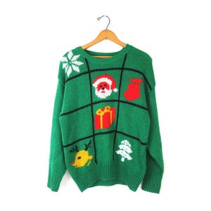 Vintage 1980s Ugly Christmas Sweater Green Novelty sweater Tacky Xmas Party Sweater Women&#39;s Size Medium Large