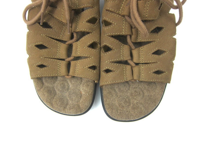 Brown Vintage Sandals leather Cut Out Tie Shoes Vintage Summer huaraches Suede leather sandals Lace Shoes Women/'s size 7.5W Wide