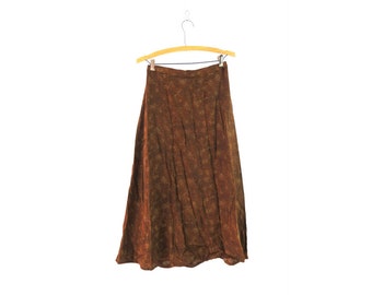 90s High Waist Skirt Brown Pattern Skirt Vintage Rayon Midi Skirt Women's Size 10