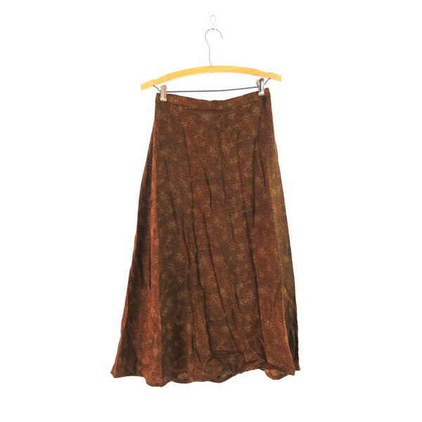 90s High Waist Skirt Brown Pattern Skirt Vintage Rayon Midi Skirt Women's Size 10