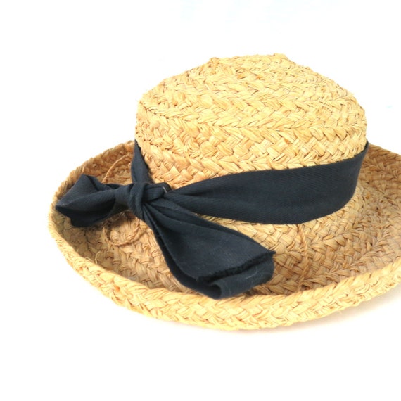 Vintage Woven Raffia Straw Hat with Black Bow | M… - image 3