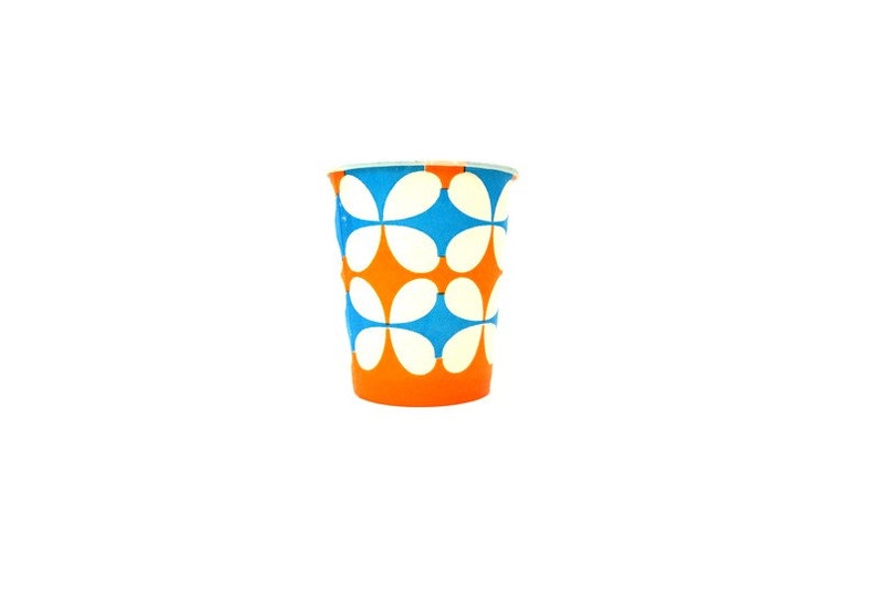 8 1960s Vintage Dixie Cups Mid Century Modern Decor Blue Orange MOD Pattern Wax Coated 8 paper Cups Estate Sale