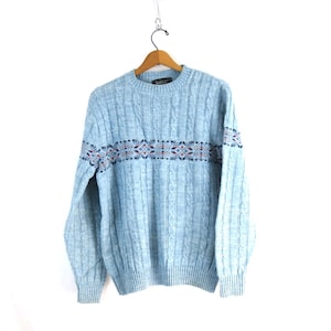 1970s Retro Ski Sweater Vintage 70s Light Blue Cableknit Pullover Sweater Size Medium