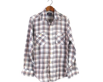 Vintage Distressed Levis Shirt Thin Plaid Button Up Shirt 80s Worn In Boyfriend Shirt size Large