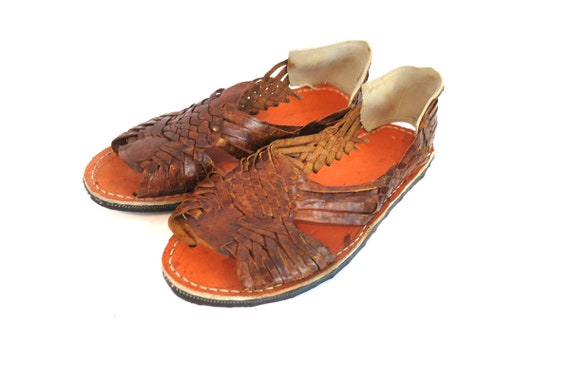 Brown Leather Sandals Vintage Huaraches Woven Lea… - image 7