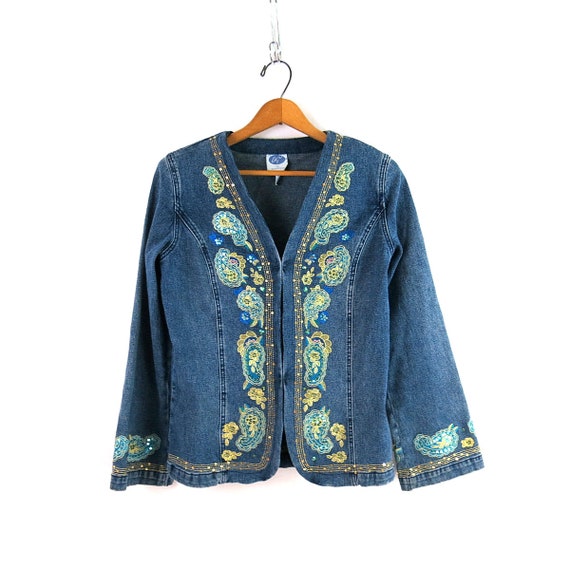 Embroidered Paisleys Jean Jacket Vintage 90s Deni… - image 1