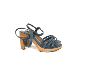 Vintage 1970er Jahre Holz Sandalen Blau Leder High Heel Sandalen Peep Toes Pumps hohe Holz Absätze Damenschuhe Gr. 37