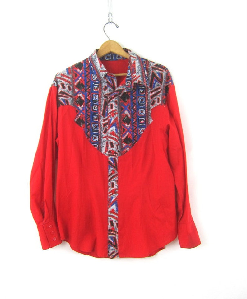 Red Western Shirt Southwestern Tribal Pattern Shirt Urban Hipster Button Up Cotton Top Men/'s Size Medium Large