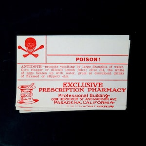 Etichetta antica per bottiglia di farmacia Poison originale Vintage Pasadena, California Decorazione per farmacia