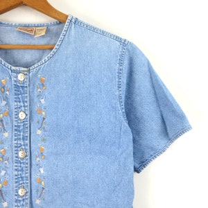 Embroidered Denim Shirt Vintage Collarless Jean Shirt Button - Etsy