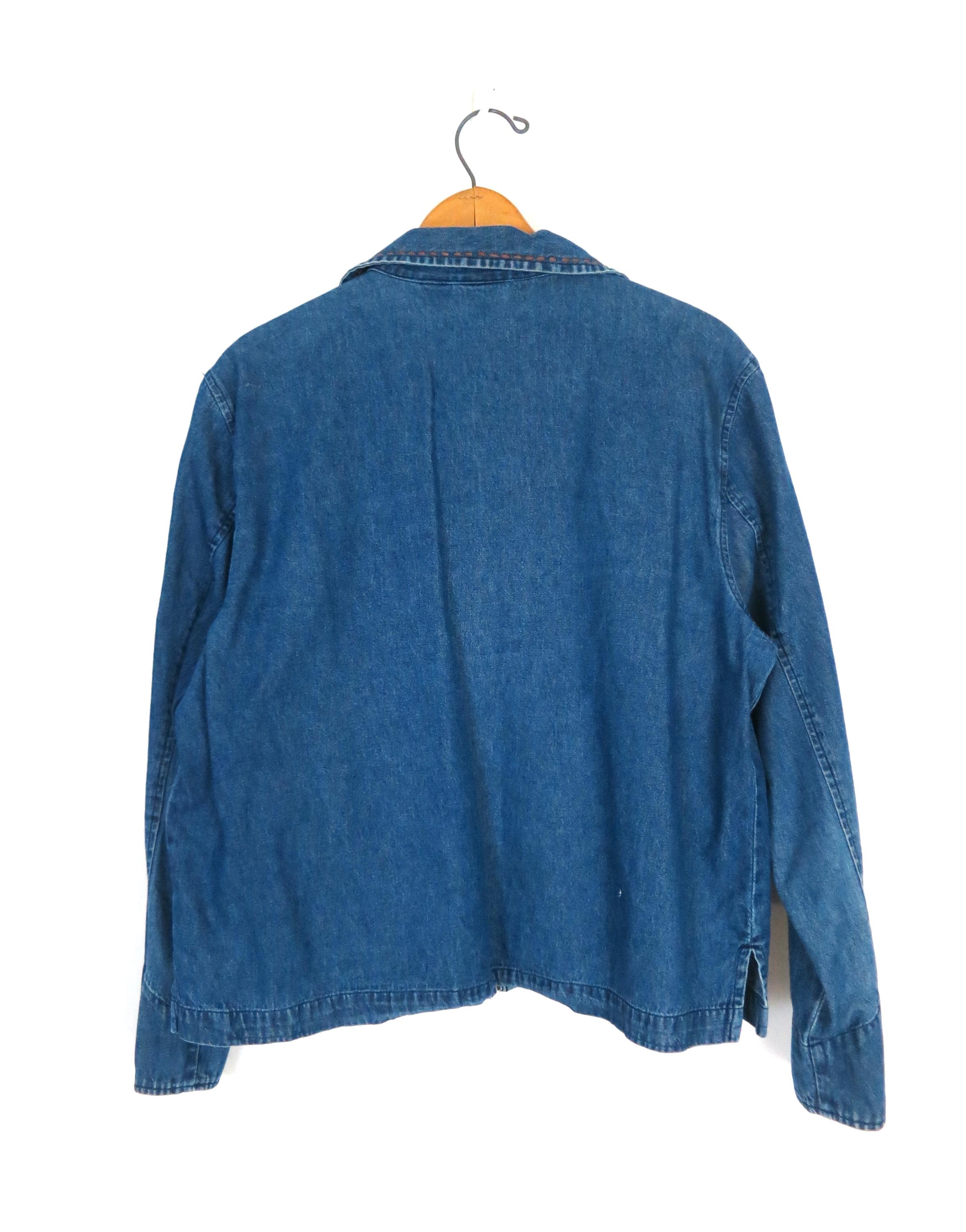 Vintage 90s Embroidered Denim Jacket: Leaf Appliqué, Size Medium 