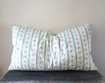 Vintage Green Striped Floral Ticking Feather Pillow / Farmhouse Bedroom Decor