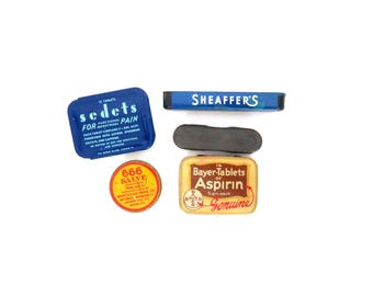 Vintage Small Mid Century Metal Pocket Tin Box Advertisement / Bayer Aspirin, Fineline Erasers, Sedets, 666 Salve / CHOICE