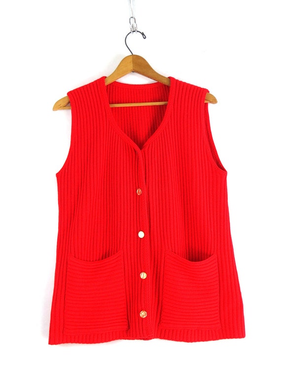 Vintage 1970s Red Sweater Vest Tunic Sleeveless C… - image 2