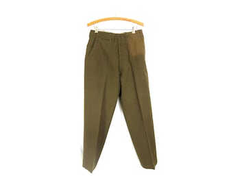 Vintage WOOL Military Trouser Pants Army Green Pleated Dress Pants Men's Button Fly Pant size 32 x 31