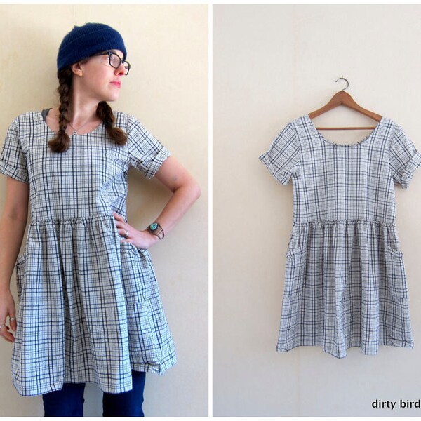 90s LINEN Babydoll Dress | Grey Plaid Dress with Pockets | Minimal Mini Sun Dress Short Sleeve Modern Vintage Natural Dress Womens XS Small