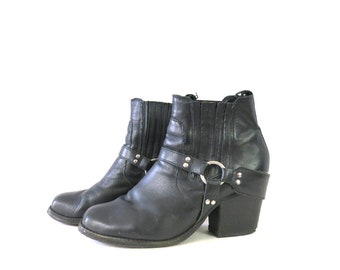 Black Leather Ankle Boots | Vintage Moto Boots | Engineer Biker Booties | Women's Size 9.5