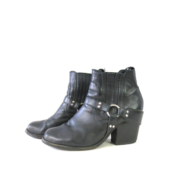 Black Leather Ankle Boots | Vintage Moto Boots | Engineer Biker Booties | Women's Size 9.5