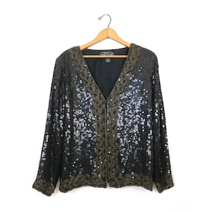 Cárdigan negro con cuentas, top vintage de seda, estilo charlestón, camisa de vestir estilo disco glam Joseph le Bon, talla mediana para mujer