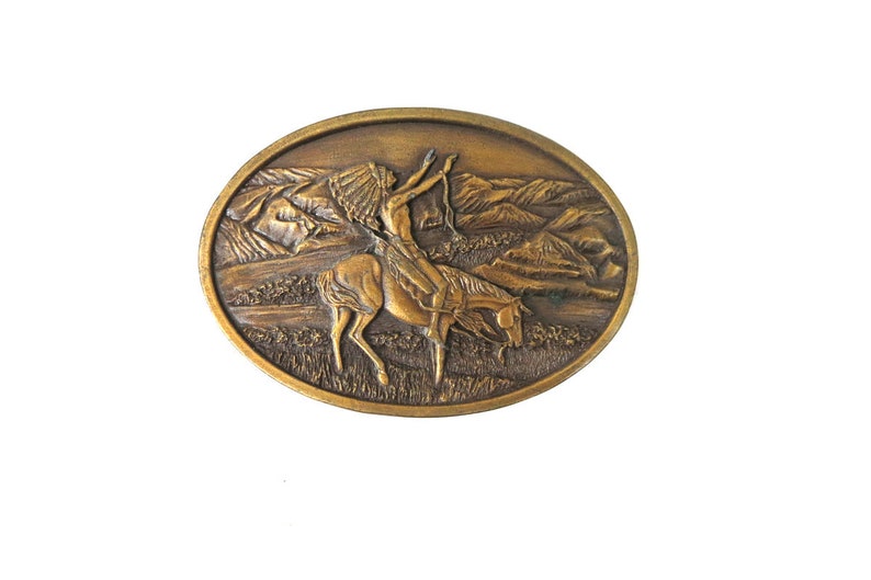 Vintage 1977 Bergamot Brass Belt Buckle Western Cowboy Native American on Horse